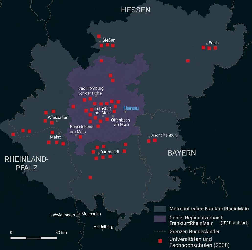 Karte der Metropolregion FrankfurtRheinMain mit Universitäten und Fachhochschulen 2008.